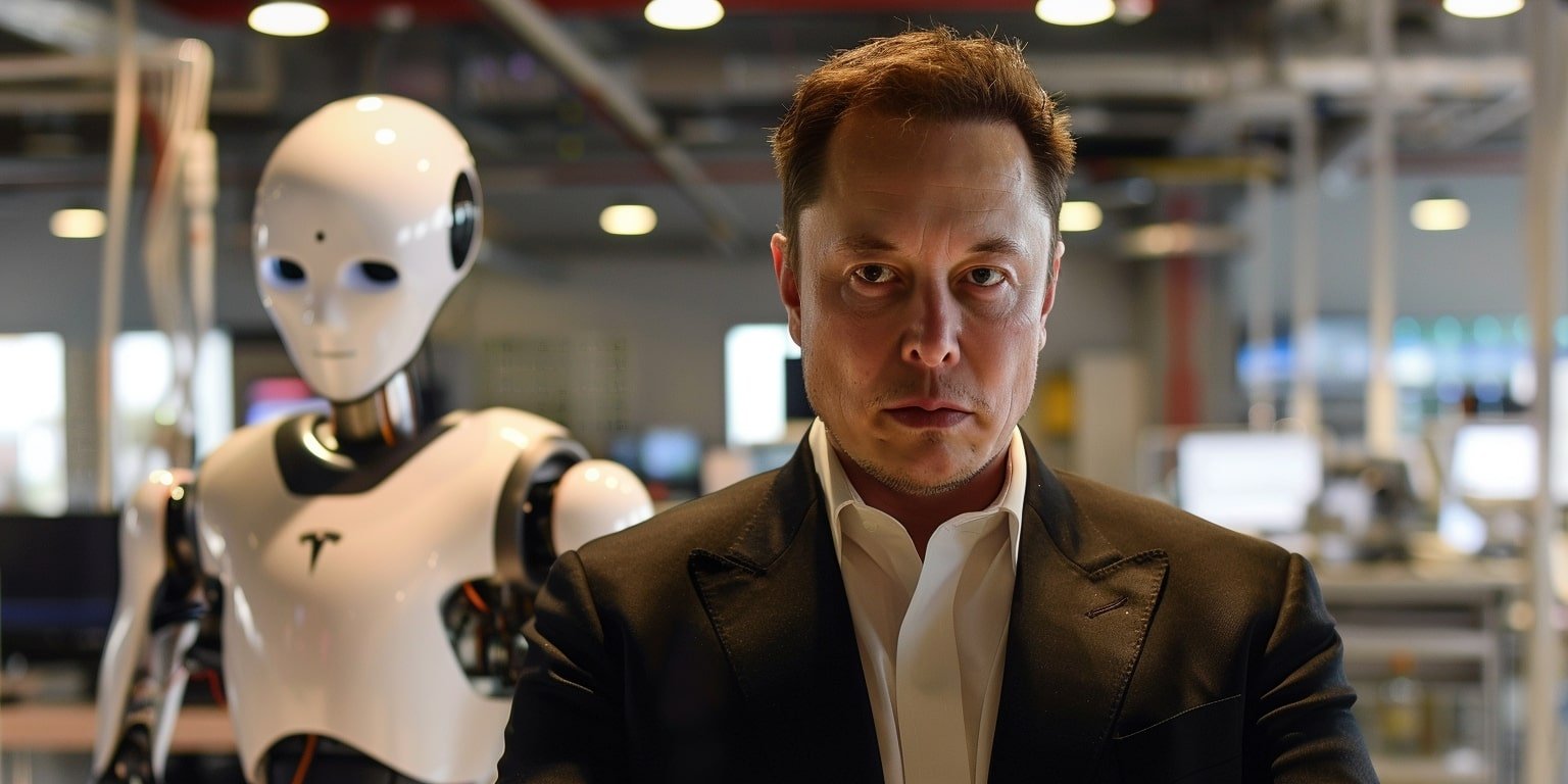Elon Musk with a humanoid robot in a tech lab as xAI sues Apple over App Store rankings.