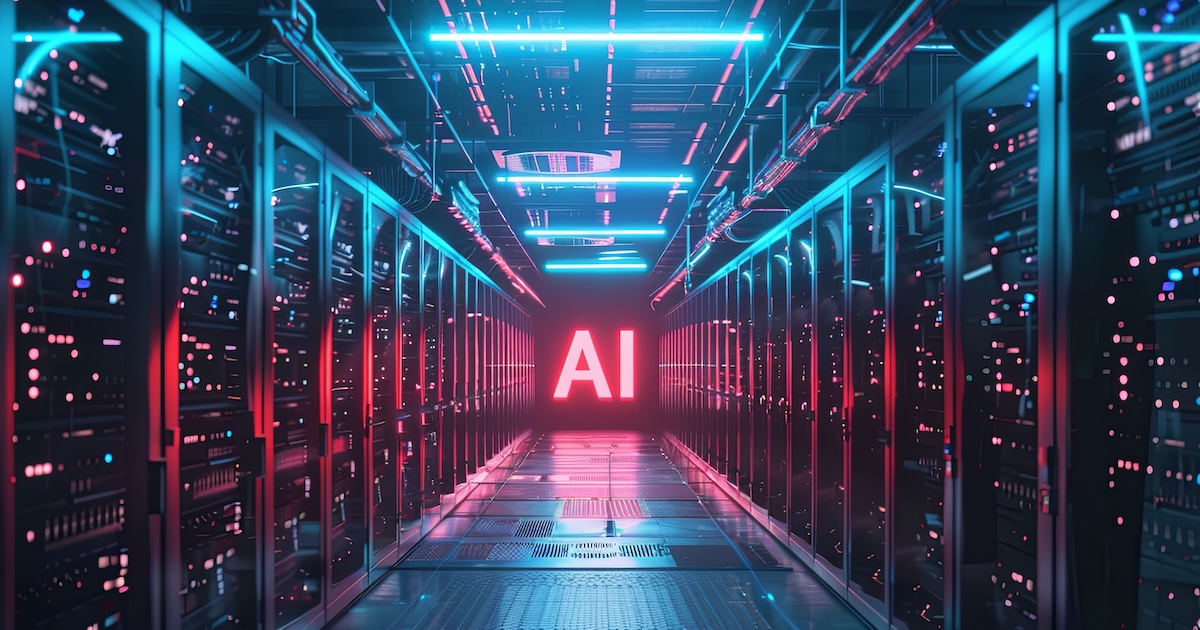 Futuristic data center with glowing blue fiber optic cables and AI integration, representing Coherent AI networking technology.