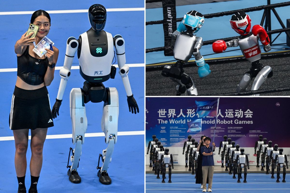 Robots competing and interacting at the China robot Olympics, featuring humanoid machines in sports and performance events.