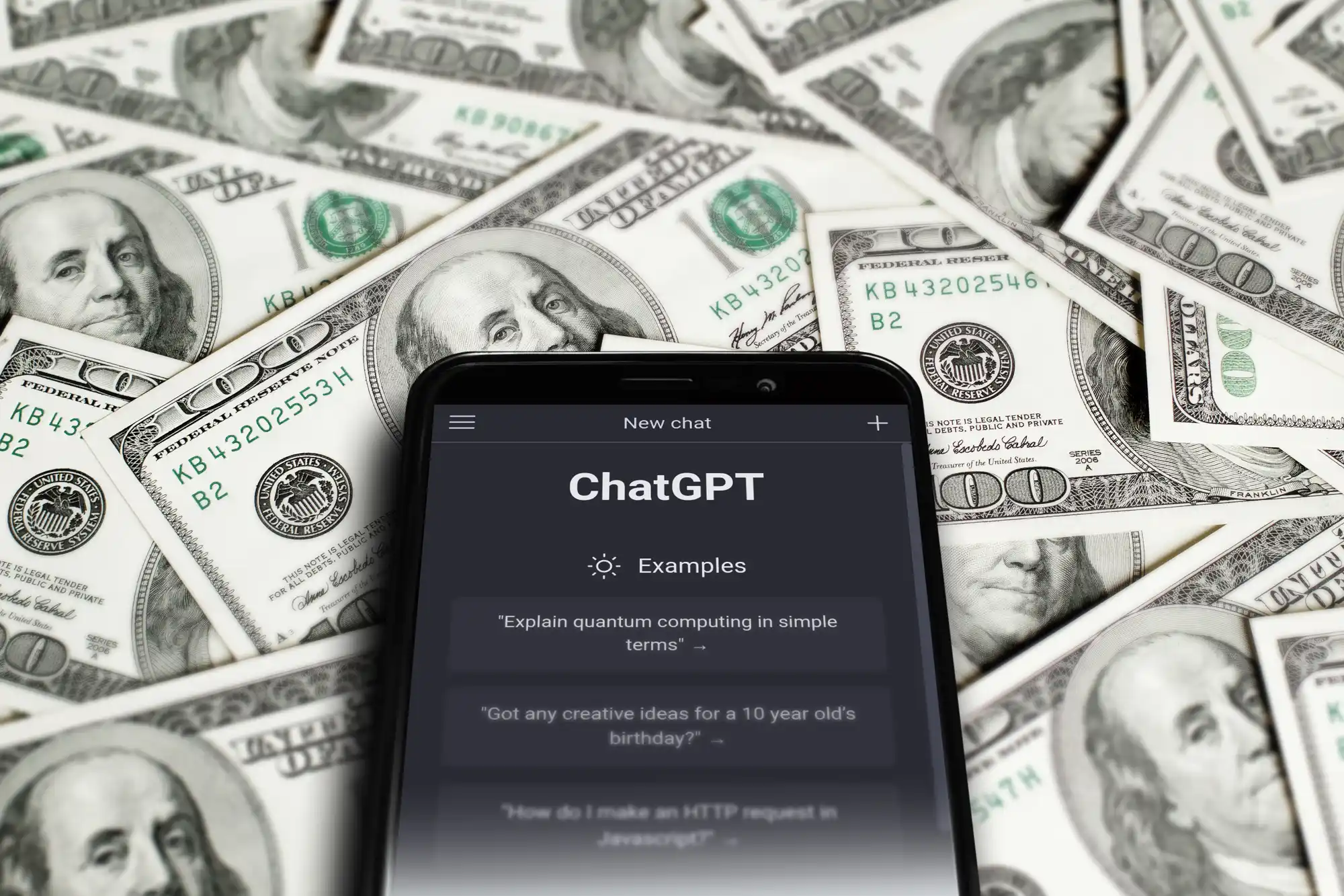 ChatGPT mobile app revenue growth displayed with smartphone and US dollar bills background.