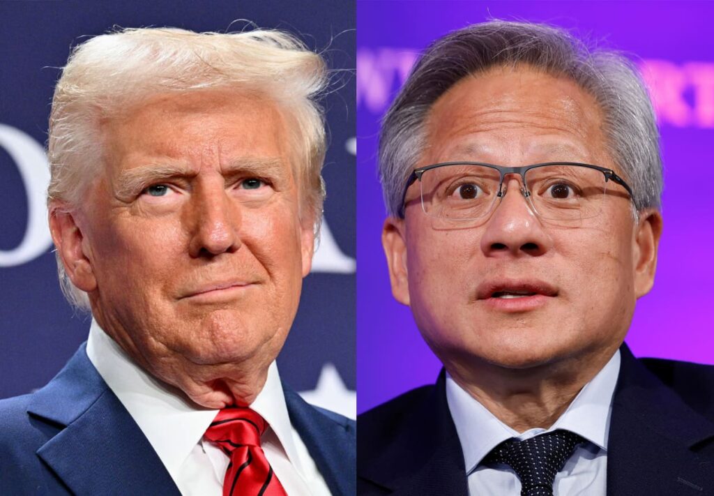 Donald Trump and Nvidia CEO Jensen Huang amid debate over Trump Nvidia Apple investments and potential conflict of interest in tech policy.