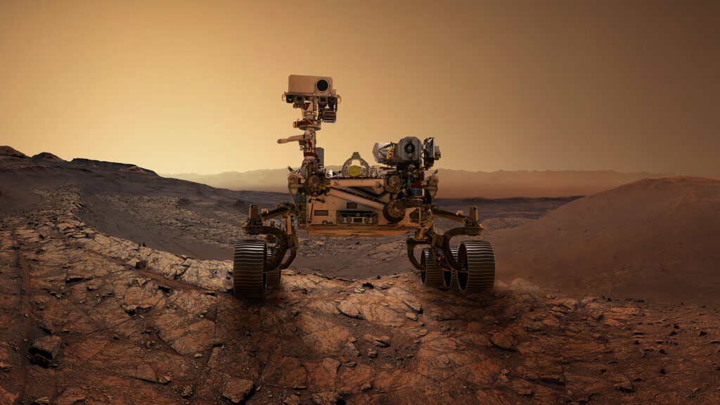 Autonomous robots exploring Mars caves, navigating a rocky lava tube with lights and sensors.