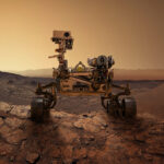 Autonomous robots exploring Mars caves, navigating a rocky lava tube with lights and sensors.