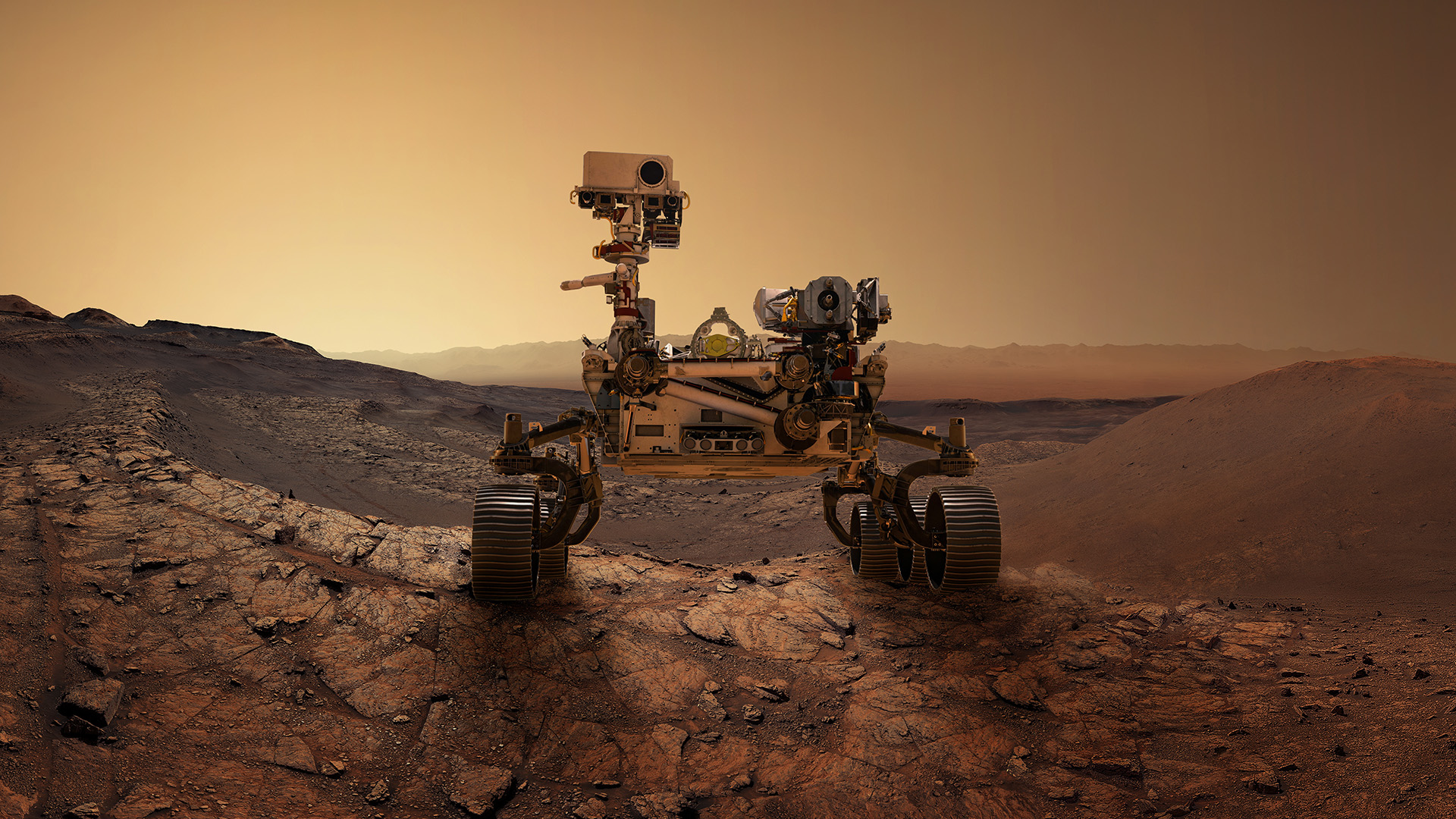 Autonomous robots exploring Mars caves, navigating a rocky lava tube with lights and sensors.