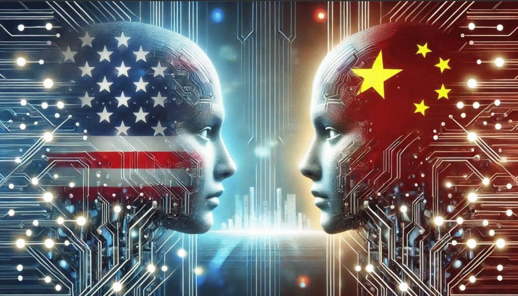 Illustration showing the AI race between the US and China with symbolic technology elements like data, robots, and global power competition.