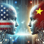 Illustration showing the AI race between the US and China with symbolic technology elements like data, robots, and global power competition.