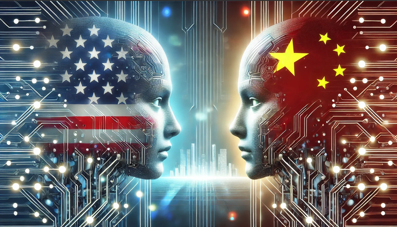 Illustration showing the AI race between the US and China with symbolic technology elements like data, robots, and global power competition.