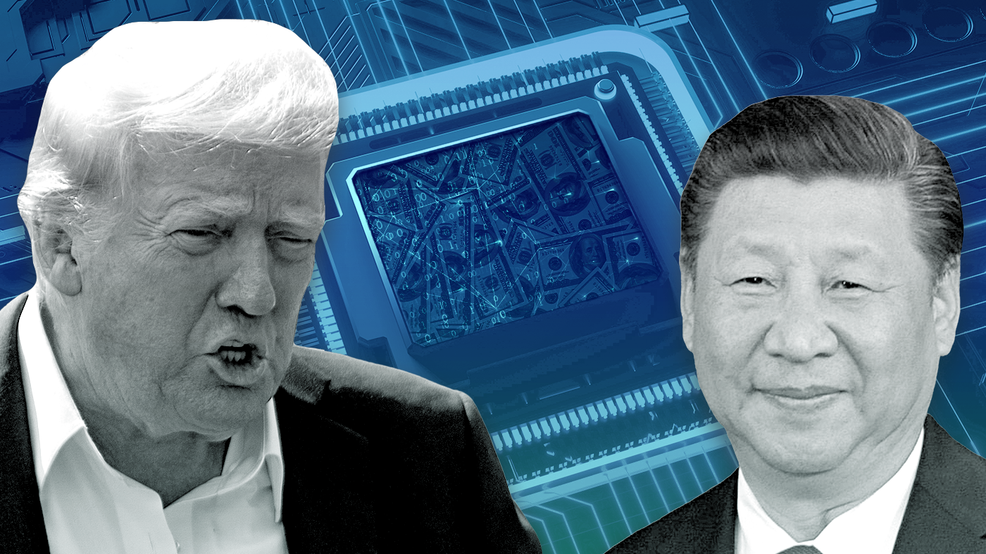 Trump approved AI chip deal showing Donald Trump and Xi Jinping with semiconductor and money graphics in background