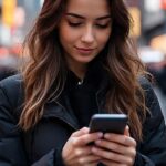 Young woman smiling while chatting on her phone with a Meta flirty AI chatbot, enjoying digital companionship.