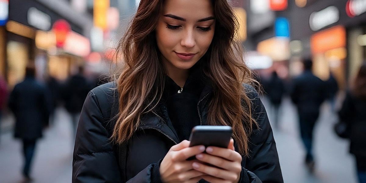Young woman smiling while chatting on her phone with a Meta flirty AI chatbot, enjoying digital companionship.