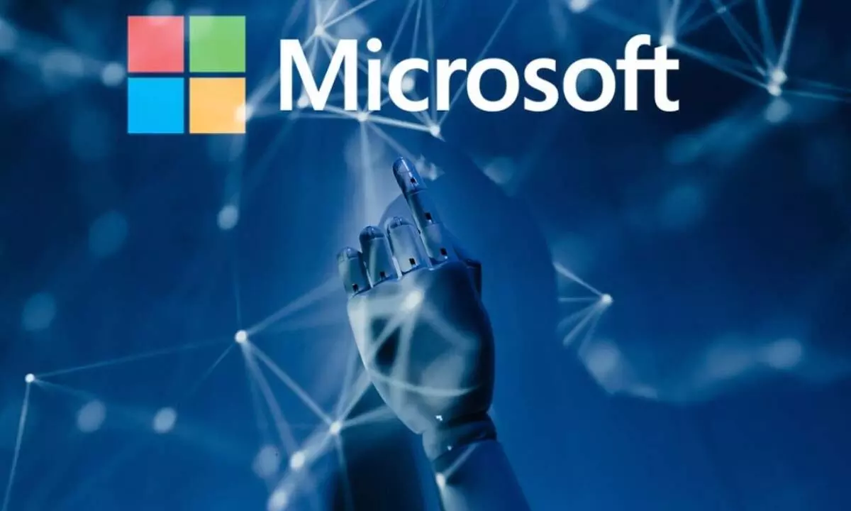Robotic hand pointing towards Microsoft logo with AI connections background showcasing Microsoft generative AI innovation.