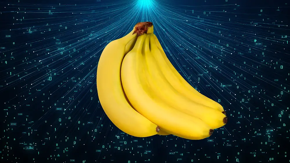 A digital illustration of bananas glowing with data streams, symbolizing the mysterious nano banana AI image model.