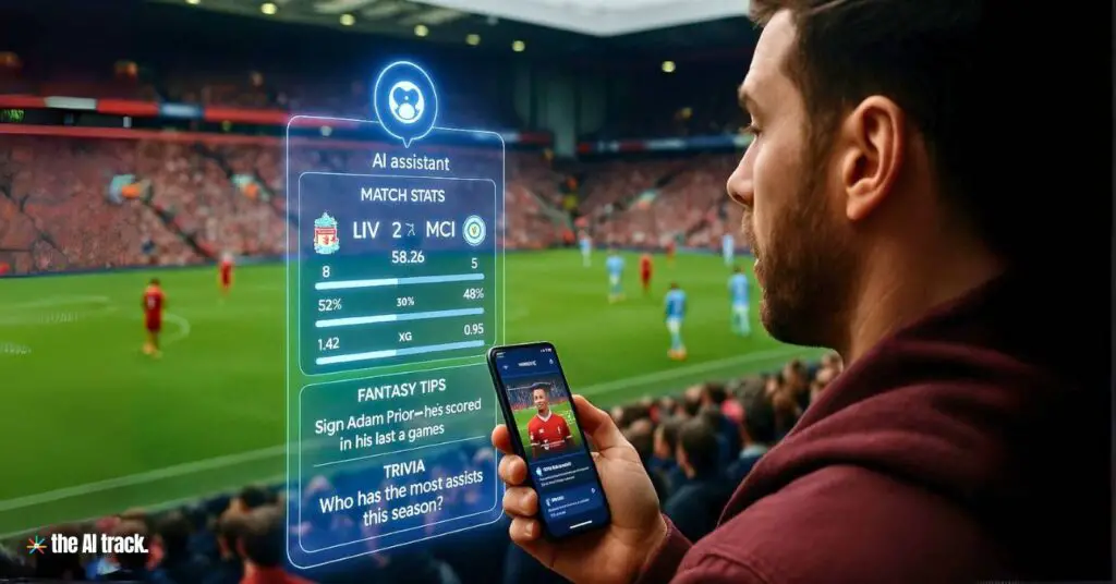 A man using a Microsoft Surface tablet with AI-powered tools during an NFL game, representing Microsoft MSFT AI NFL partnership.