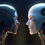Two robots pondering together, symbolizing AI consciousness and the debate about machine thinking and awareness