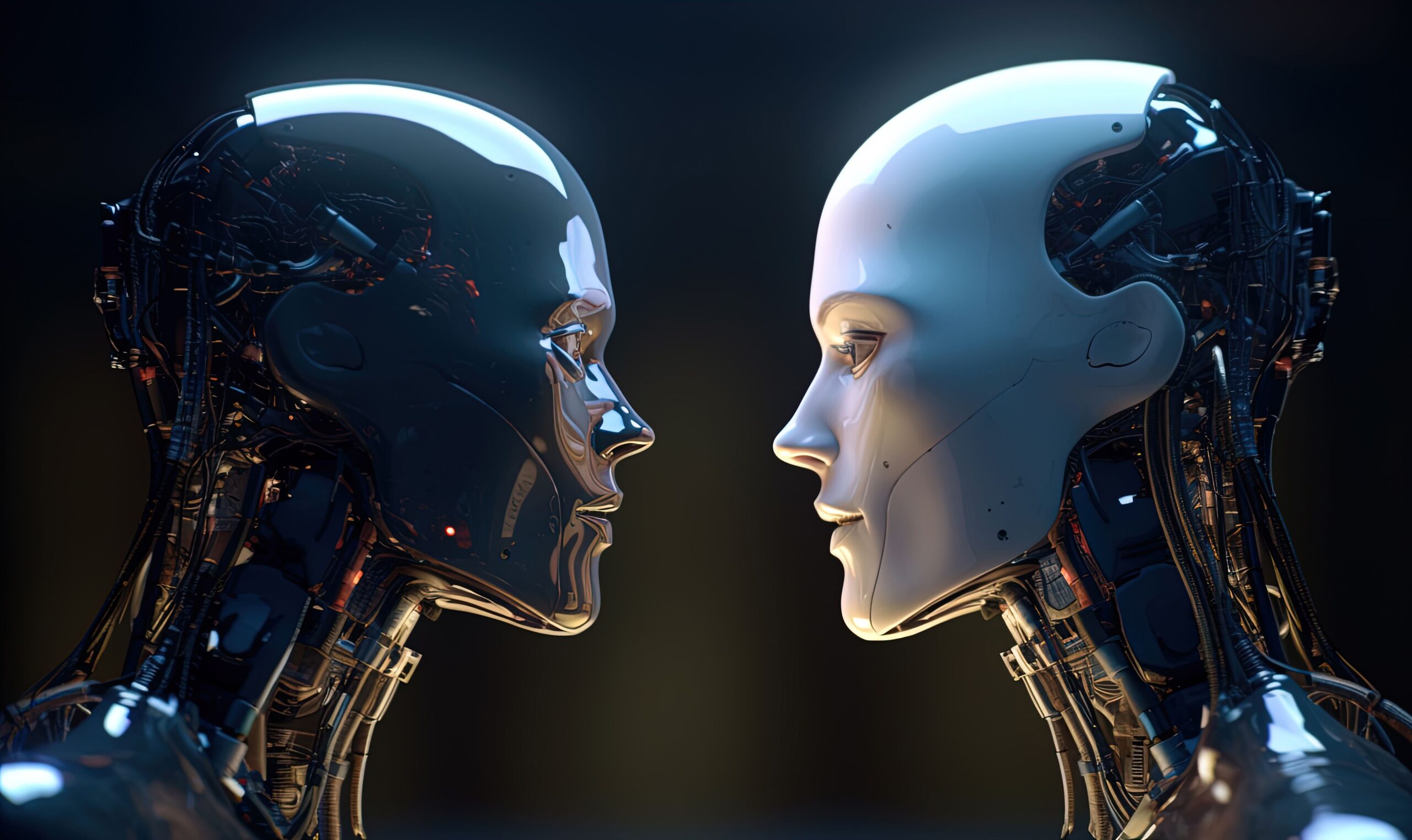 Two robots pondering together, symbolizing AI consciousness and the debate about machine thinking and awareness