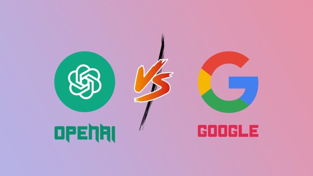 Illustration showing the rivalry between OpenAI vs Google, with logos, digital data streams, and search icons representing AI competition.
