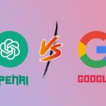 Illustration showing the rivalry between OpenAI vs Google, with logos, digital data streams, and search icons representing AI competition.