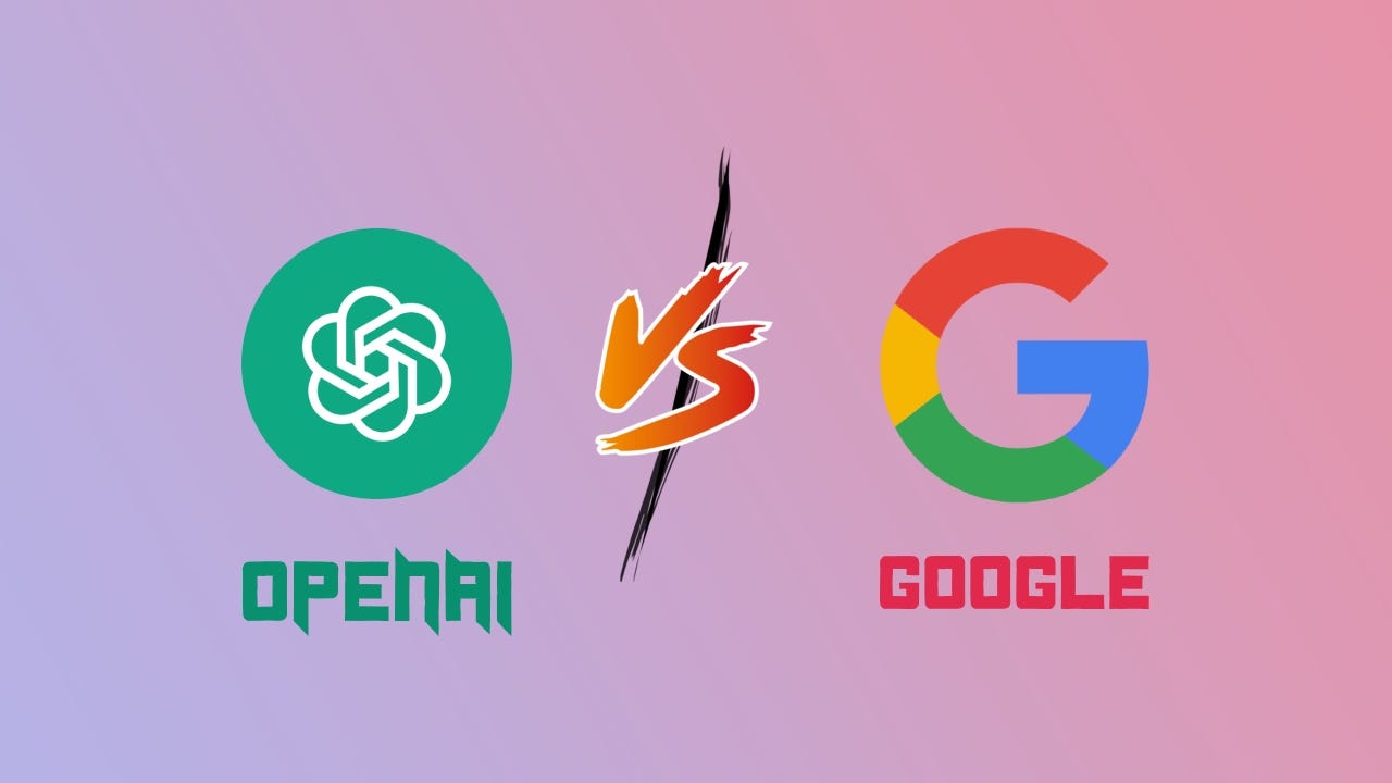 Illustration showing the rivalry between OpenAI vs Google, with logos, digital data streams, and search icons representing AI competition.