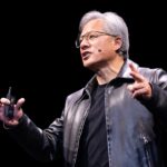 Nvidia CEO Jensen Huang speaking during a presentation amid Nvidia China talks on AI chip security concerns.