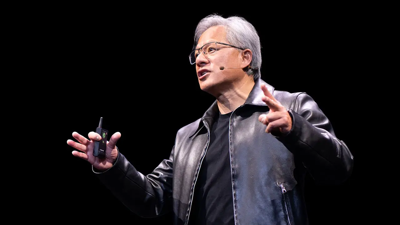 Nvidia CEO Jensen Huang speaking during a presentation amid Nvidia China talks on AI chip security concerns.