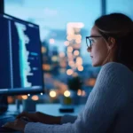 A young woman coding on her laptop, symbolizing the AI vibe shift as the tech industry moves from hype to real-world innovation.