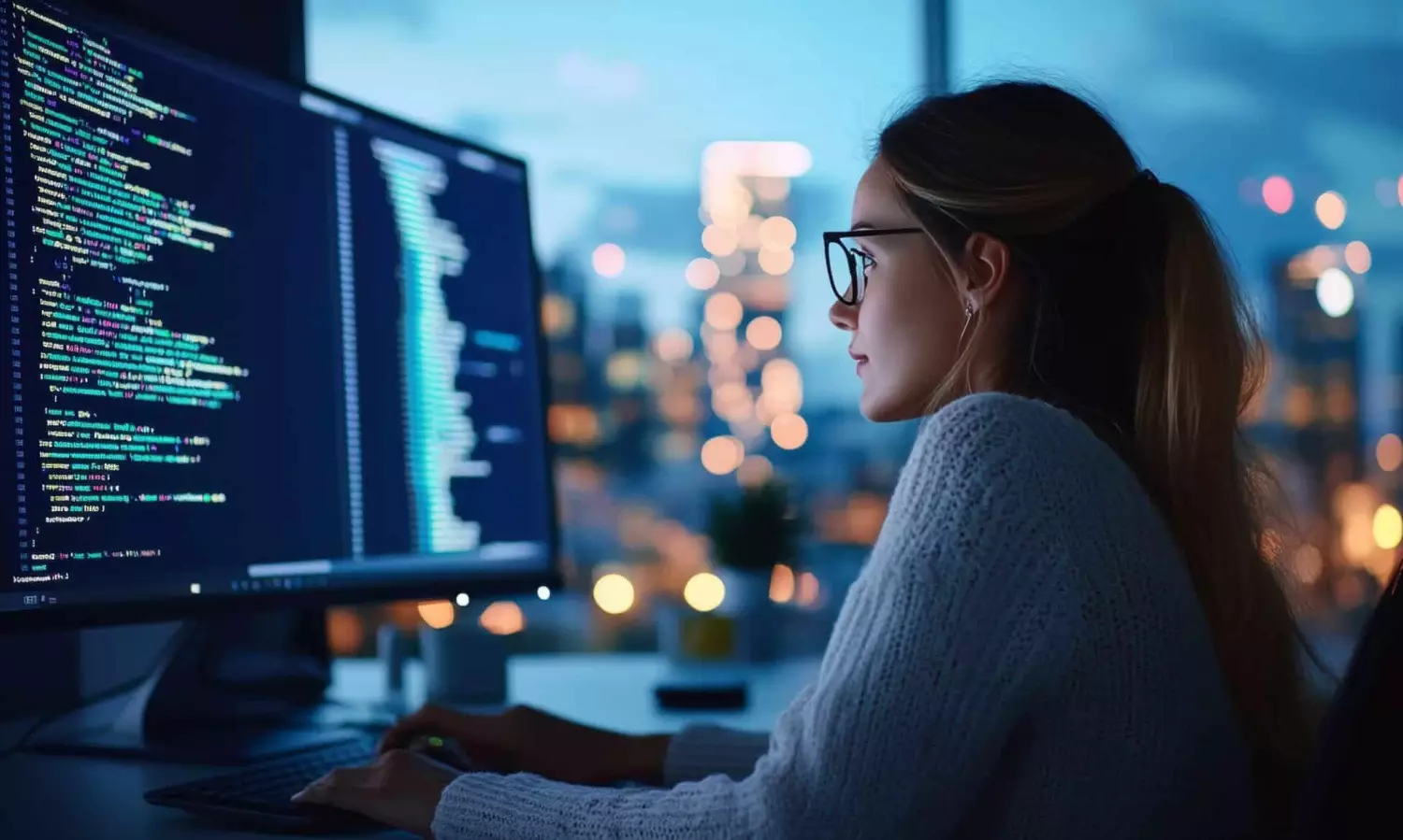 A young woman coding on her laptop, symbolizing the AI vibe shift as the tech industry moves from hype to real-world innovation.