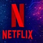 Netflix logo with digital AI brain background highlighting Netflix generative AI rules for responsible use in film and documentaries.