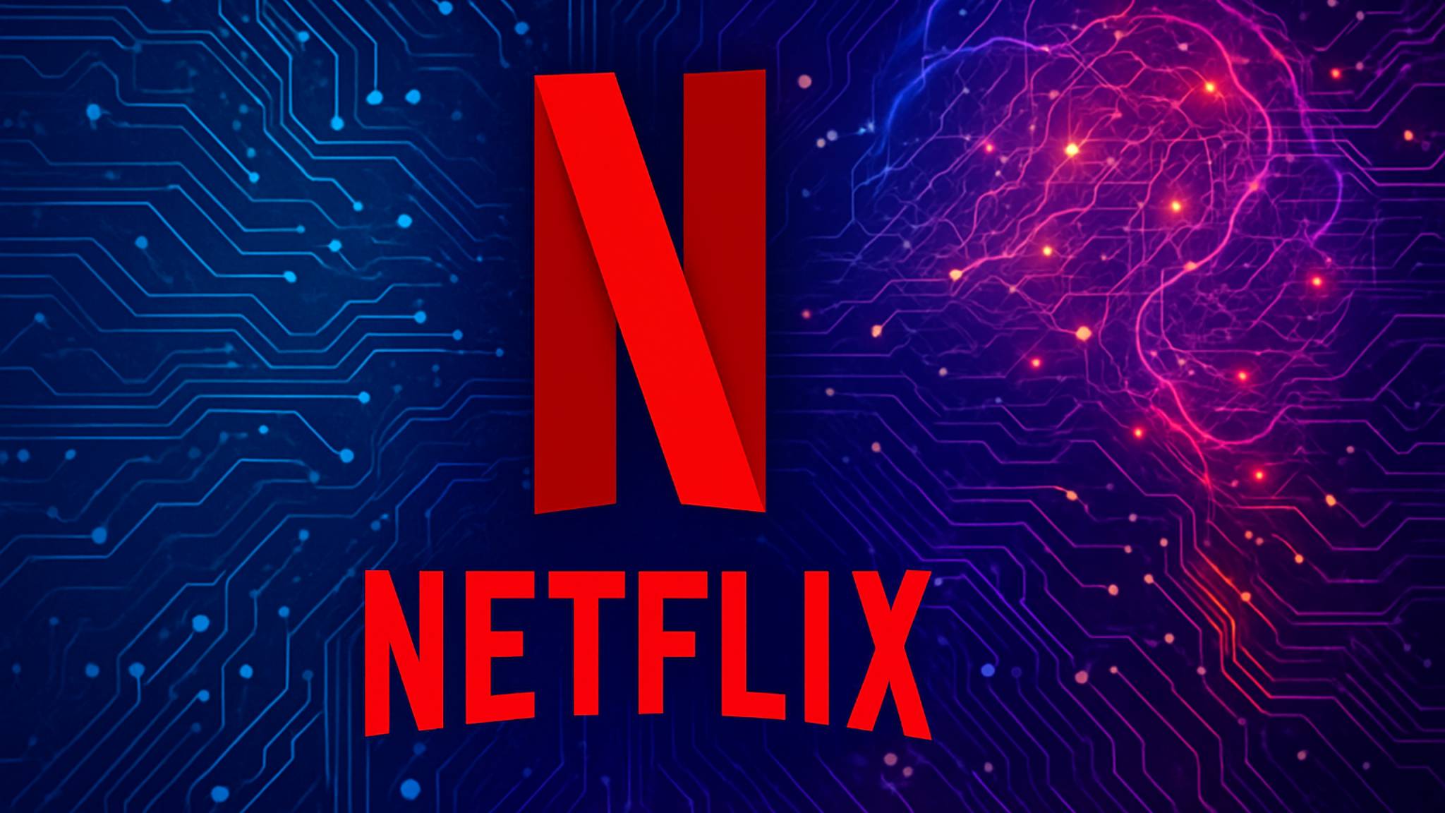 Netflix logo with digital AI brain background highlighting Netflix generative AI rules for responsible use in film and documentaries.