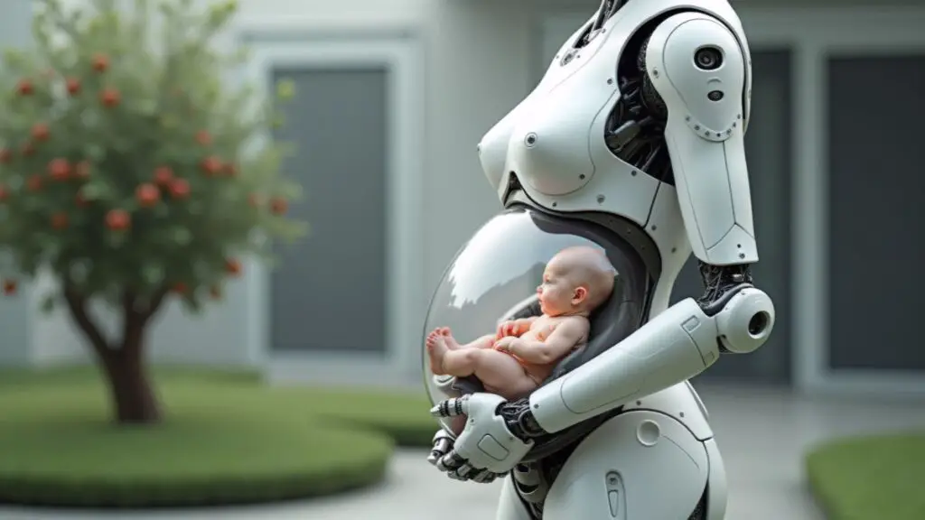 A futuristic concept image showing pregnancy robots designed as artificial wombs sustaining human life from conception to birth.