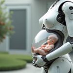 A futuristic concept image showing pregnancy robots designed as artificial wombs sustaining human life from conception to birth.