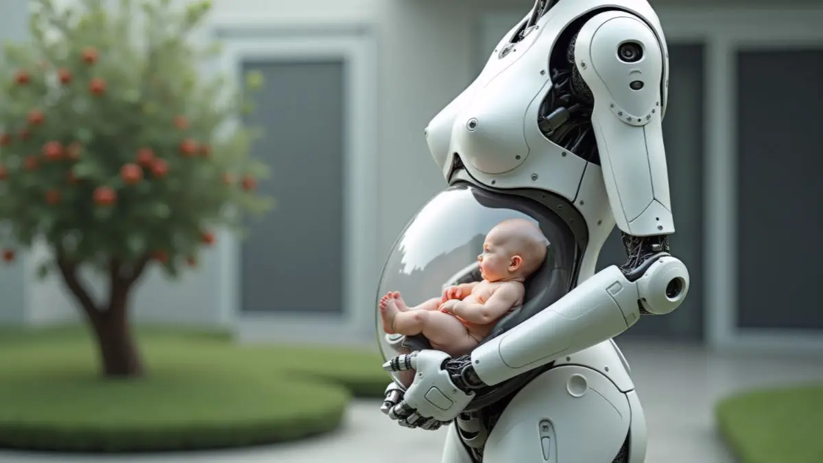 A futuristic concept image showing pregnancy robots designed as artificial wombs sustaining human life from conception to birth.