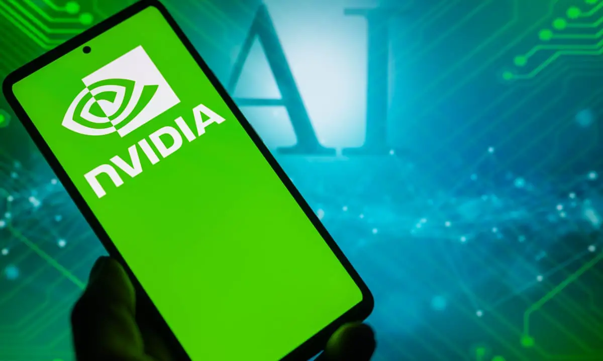 A smartphone screen displaying the Nvidia logo with AI background, representing Nvidia earnings as the next big test for the AI rally.