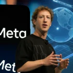 Mark Zuckerberg presenting Meta’s AI vision with the Meta logo and global AI model graphics in the background, highlighting the Meta Superintelligence Team.