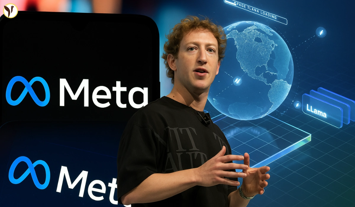 Mark Zuckerberg presenting Meta’s AI vision with the Meta logo and global AI model graphics in the background, highlighting the Meta Superintelligence Team.