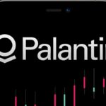 Palantir stock logo with candlestick chart showing market trends and PLTR analysis