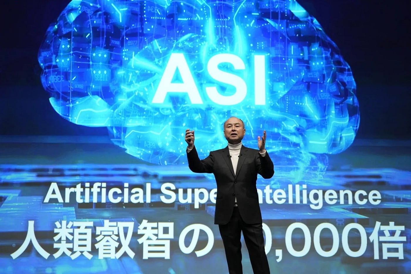 Masayoshi Son presenting his vision on Artificial Superintelligence with bold focus on Masayoshi Son ASI investment