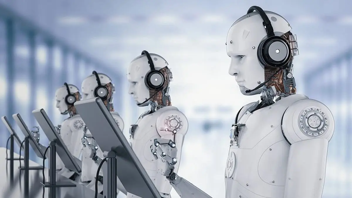 Robots with headsets working at computers in a futuristic office, symbolizing jobs most at risk from AI in customer service and administrative roles.