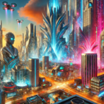 A futuristic neon-lit city with humanoid robots and AI drones, symbolizing the utopian vision described in The Cybernetic Society.