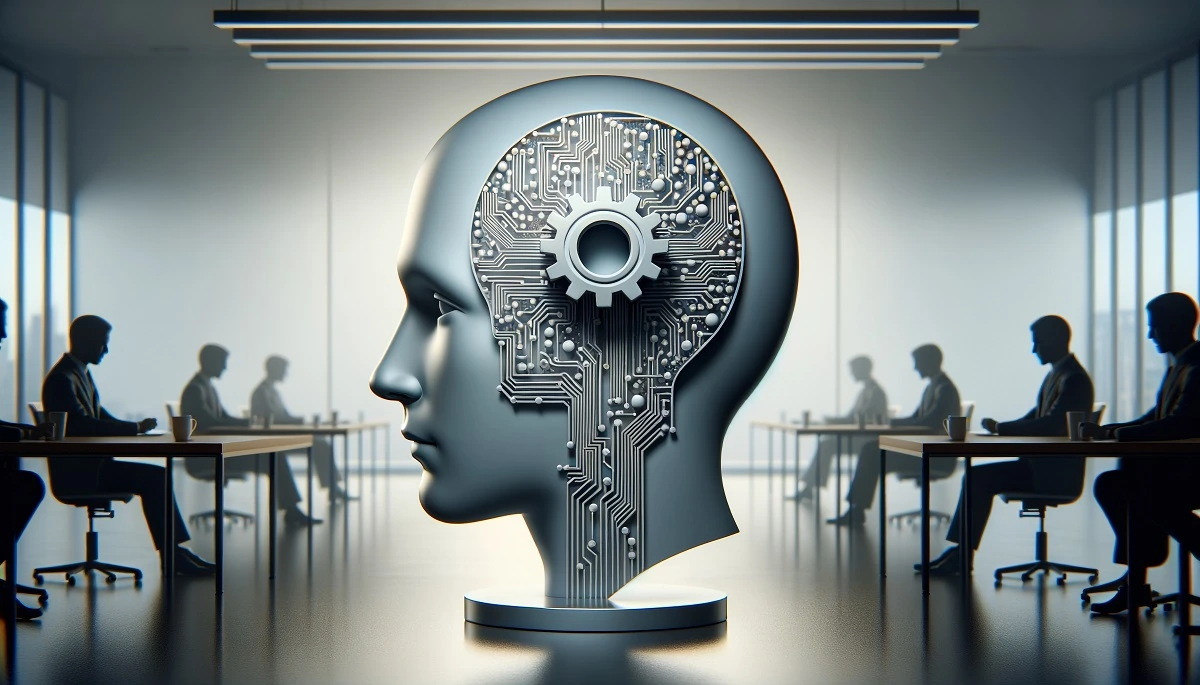 A symbolic illustration of the gender gap in AI usage, showing a human head with digital circuits and gears inside, surrounded by business professionals in a corporate setting.
