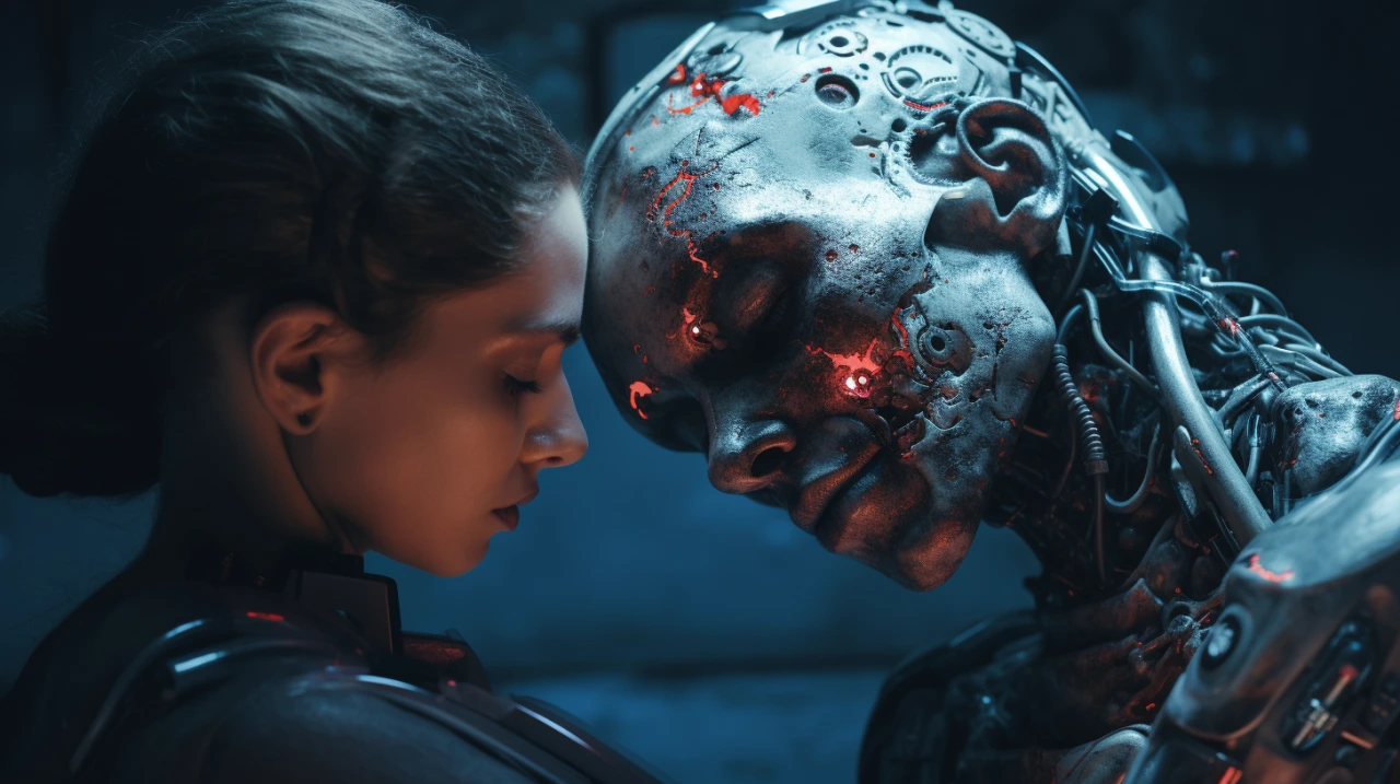 AI Personhood concept illustrated by a robot interacting with a girl, highlighting human-AI emotional connection