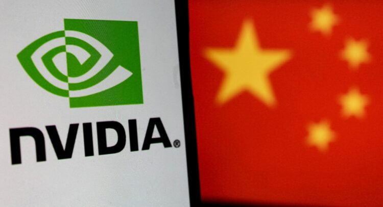 Nvidia logo with Chinese flag in background, symbolizing Nvidia stock China AI chips market developments.
