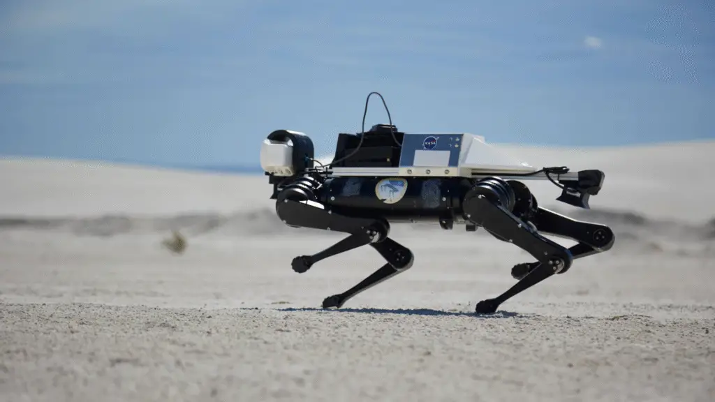 Prototype Mars robot dog being tested on Earth terrain to support astronauts on future missions to the Red Planet.