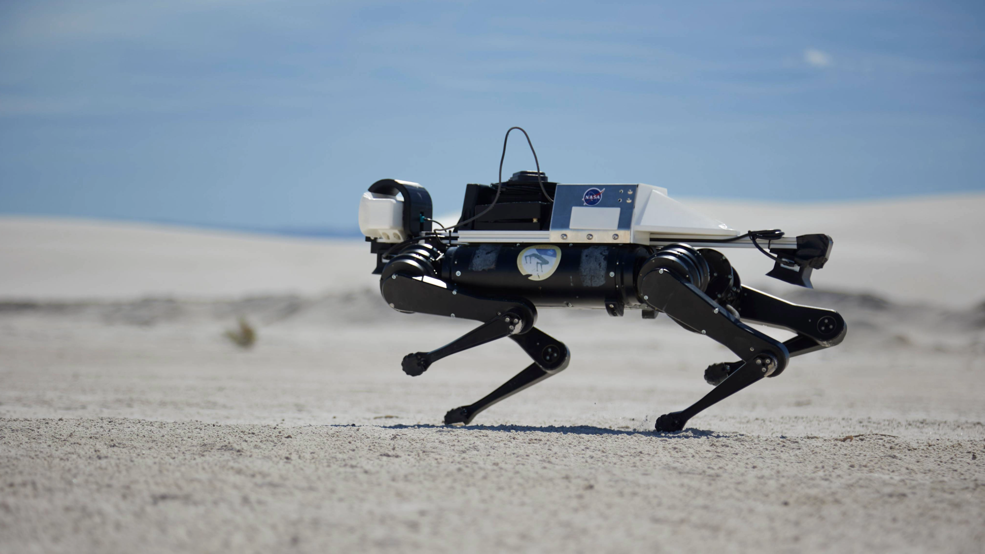 Prototype Mars robot dog being tested on Earth terrain to support astronauts on future missions to the Red Planet.
