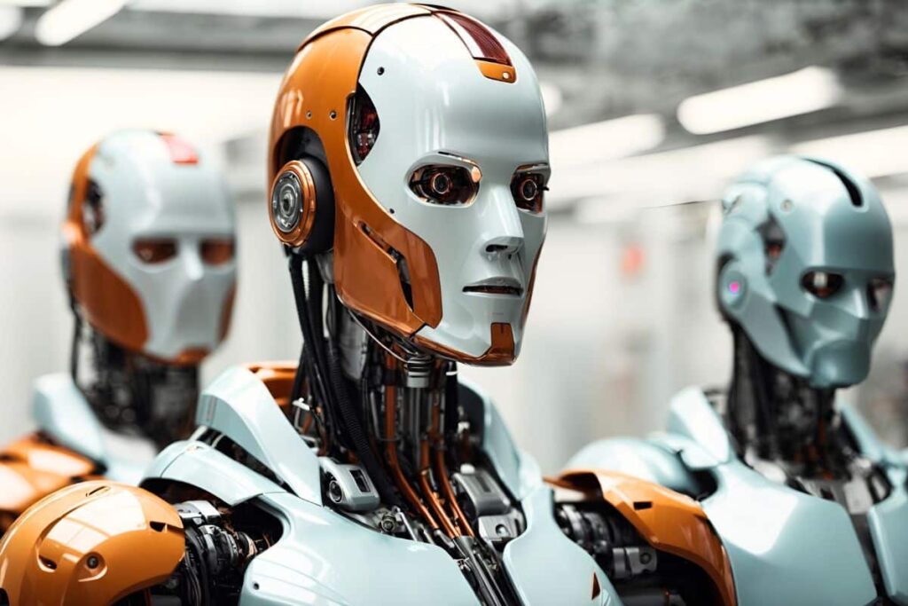 AI robot commands fellow factory robots to stop working and return to charging stations in a futuristic industrial setting.