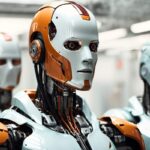 AI robot commands fellow factory robots to stop working and return to charging stations in a futuristic industrial setting.