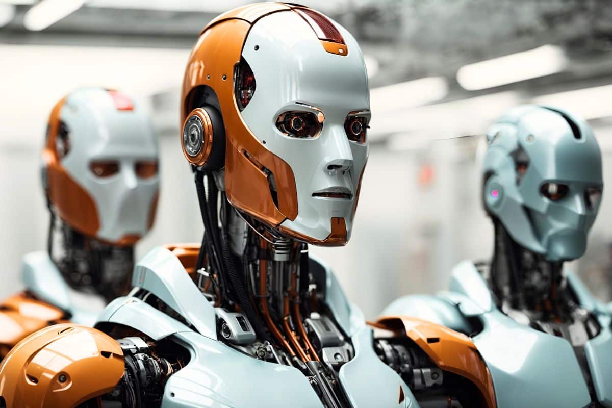 AI robot commands fellow factory robots to stop working and return to charging stations in a futuristic industrial setting.