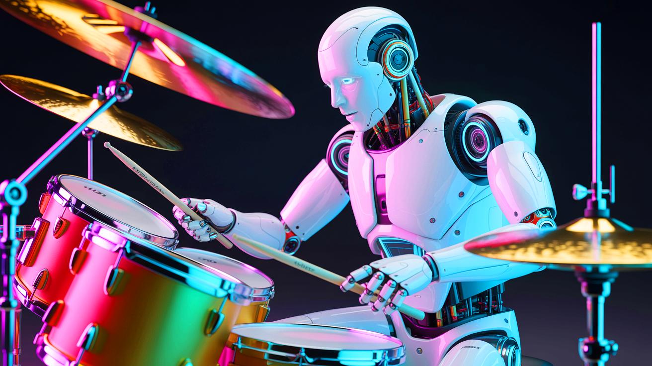 AI powered drummer robot playing drums with vibrant neon lighting and precise movements.