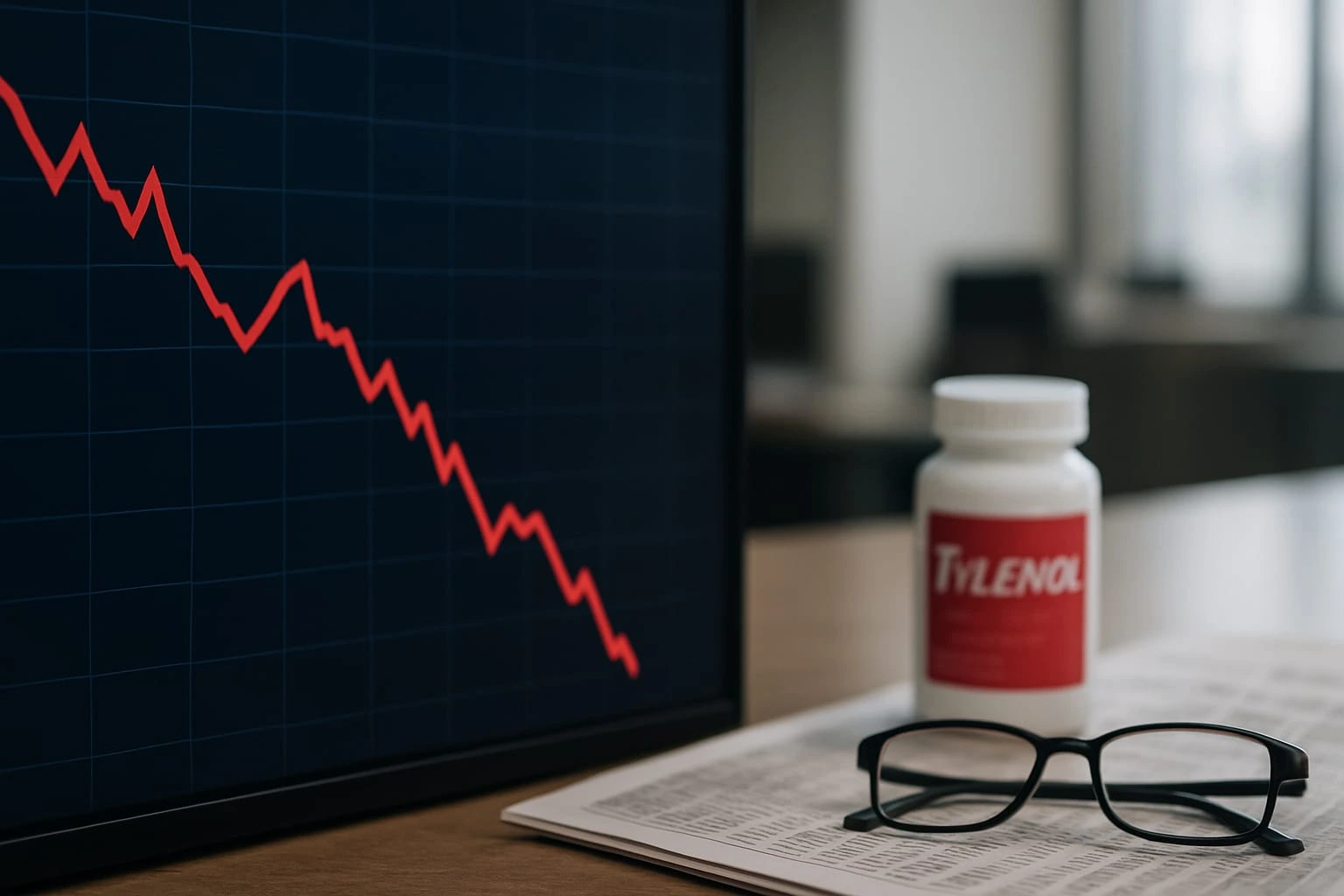 A stock market screen showing a sharp decline with a blurred Tylenol bottle in the background, symbolizing the Kenvue stock drop Tylenol report controversy.