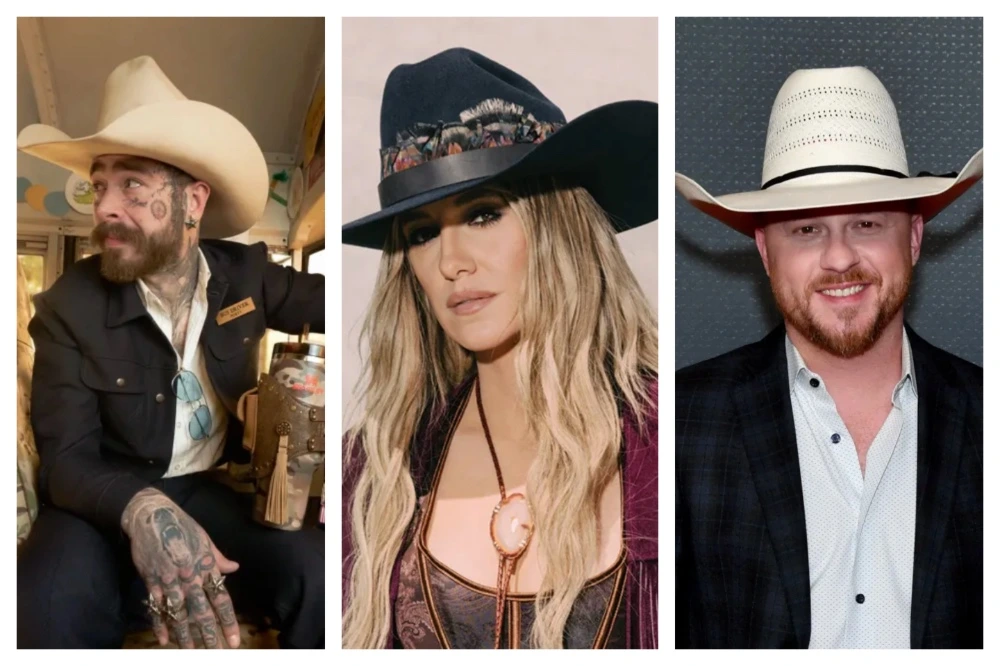 Stagecoach 2026 lineup headliners Post Malone, Lainey Wilson, and Cody Johnson wearing cowboy hats