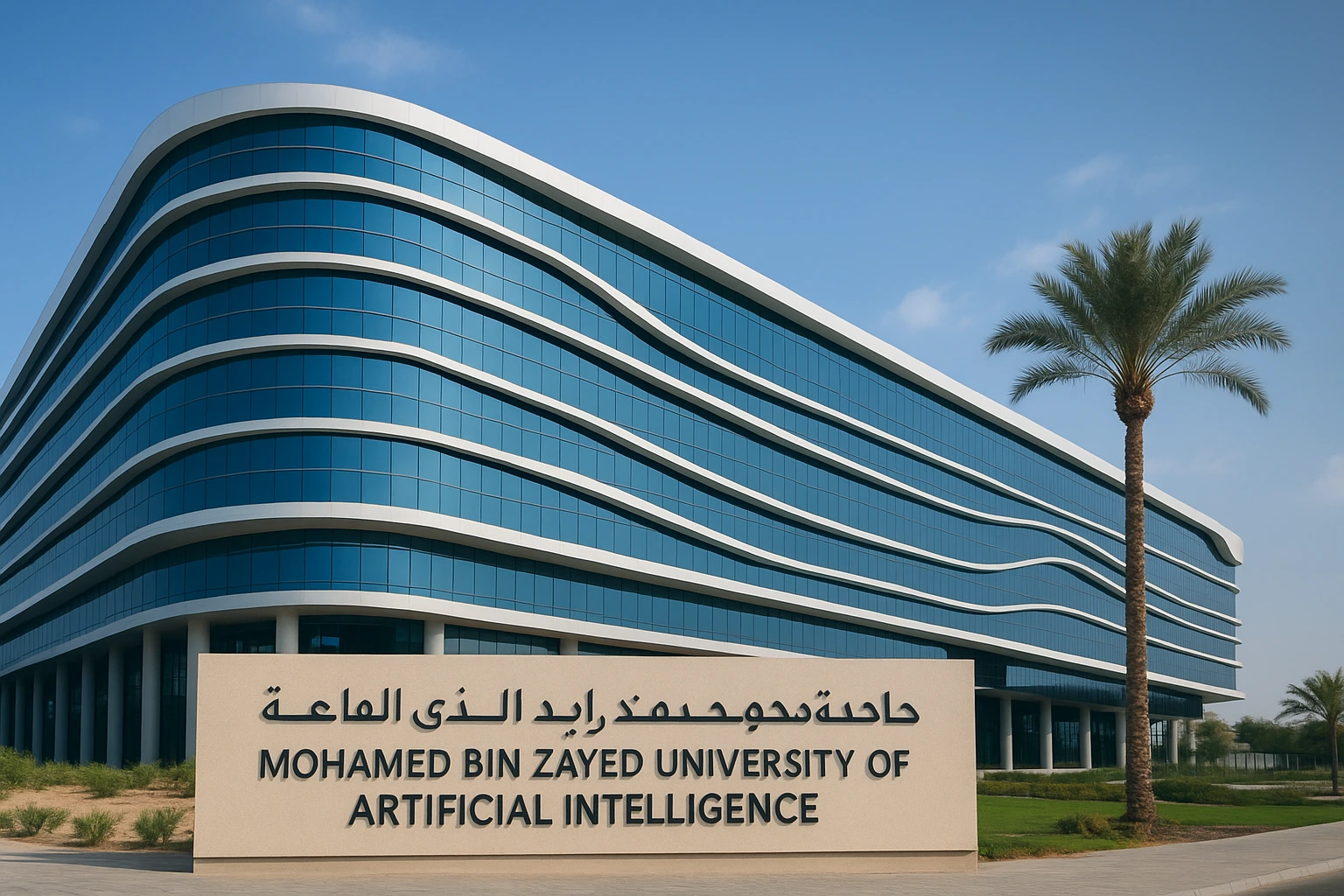 Modern architecture of MBZUAI in Abu Dhabi, home of the UAE K2 Think AI model, a low-cost reasoning system challenging OpenAI and DeepSeek.